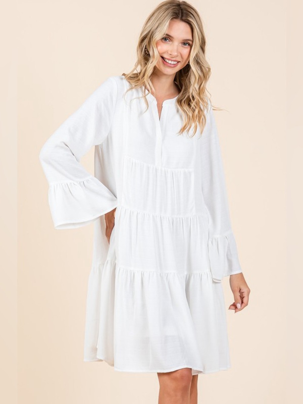 Mittoshop Tiered Notched Flare Sleeve Dress